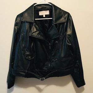 Faux leather bomber jacket with belted waist